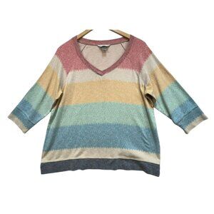 Christopher & Banks Petite Womens Striped V-Neck Pullover Sweater P/XL Top Blue